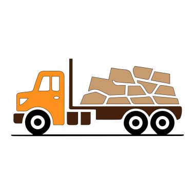 Beyaz arka planda izole edilmiş taş bloklarla dolu kahverengi yataklı turuncu damperli kamyon vektör sanatı