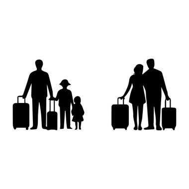 Beyaz arka planda izole edilmiş, bavullu aile siluetleri vektör sanatı