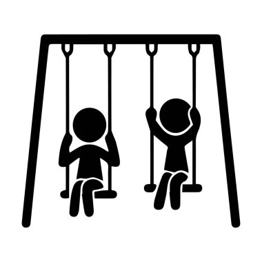 Oyun parkında salıncakta sallanan iki çöp adamın vektör sanatı, beyaz arka planda izole edilmiş.