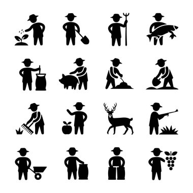 Çiftçilik ve tarım ikonları toplama vektör sanatı, ekme, hasat ve hayvancılık dahil, beyaz arka planda izole