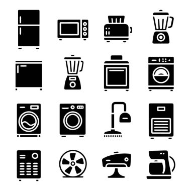 Çeşitli ev aletleri ve elektronik aletleri temsil eden on altı adet siyah ve beyaz ikondan oluşan bir vektör sanatı