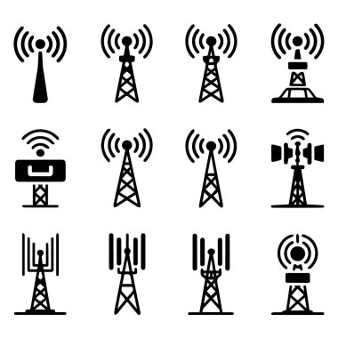 Çeşitli iletişim kuleleri ve antenleri temsil eden 12 siyah simge koleksiyonunun vektör sanatı