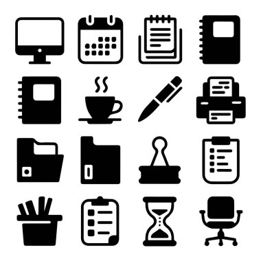 Ofis malzemeleri, teknoloji ve zaman yönetim araçlarını tasvir eden on altı siyah simgeden oluşan bir ızgara vektör sanatı