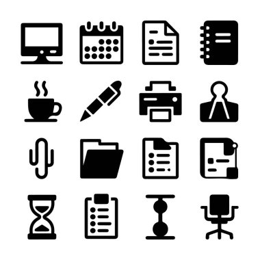 Ofis ekipmanları, kırtasiye malzemeleri ve zaman çizelgeli sembollerden oluşan on altı siyah simgeden oluşan bir ızgara vektör sanatı