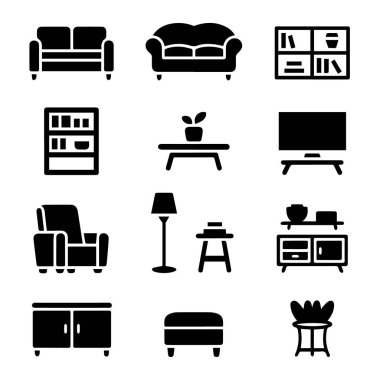 Beyaz arka planda izole edilmiş kanepeler, sandalyeler, masalar ve raflar gibi siyah mobilya ikonları koleksiyonu.