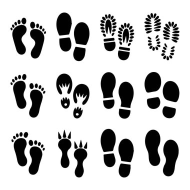 Beyaz arkaplanda siyah ayak izi ve ayakkabı izi ikonları koleksiyonunun vektör sanatı