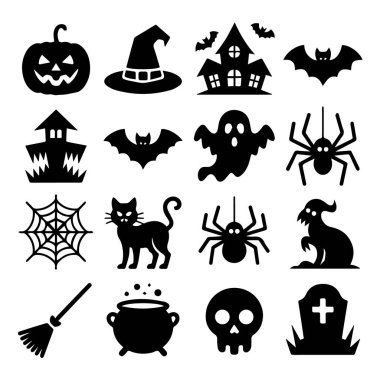 Balkabağı, cadı şapkası, perili ev, yarasa, hayalet, örümcek ve kazan gibi çeşitli siyah cadılar bayramı ikonları.