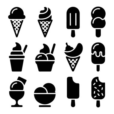 Beyaz arka planda çeşitli şekillerde siyah dondurma ve buzlu dondurma koleksiyonunun vektör sanatı
