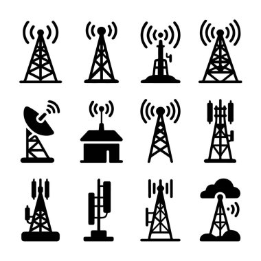 Telekomünikasyon kuleleri ve antenlerin kablosuz iletişim ve veri iletimini sembolize eden çeşitli bir koleksiyonunun vektör sanatı