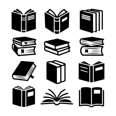 Okuma, bilgi ve eğitimi temsil eden çeşitli kitap simgelerinin bir koleksiyonunun vektör sanatı