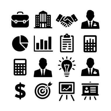 Şirket dünyasında büyümeyi, stratejiyi, veri analizini ve başarıyı temsil eden iş ve finans ikonları koleksiyonunun vektör sanatı
