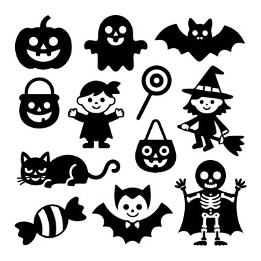 Tatlı siyah beyaz cadılar bayramı ikonlarının oluşturduğu vektör sanatı bir balkabağı, hayalet, yarasa, cadı, iskelet, kedi ve şeker