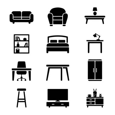 Oturma, masa ve depolama çözümleri de dahil olmak üzere çeşitli siyah mobilya simgelerinin vektör sanatı