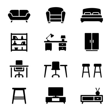 Çeşitli ev ve ofis parçalarını temsil eden siyah mobilya ikonlarının bir koleksiyonunun vektör sanatı
