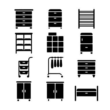 Dolaplar ve şifoniyerler gibi çeşitli depolama mobilyalarını temsil eden siyah simge koleksiyonunun vektör sanatı