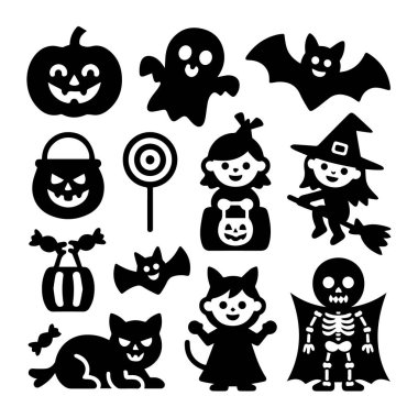 Balkabağı, hayalet, yarasa, cadı, iskelet, kedi ve şekerin yer aldığı çeşitli siyah beyaz cadılar bayramı ikonlarının vektör sanatı