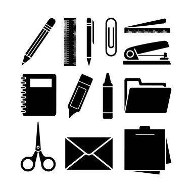 Siyah kırtasiye ve ofis ikonları bir ızgarada düzenlenmiş bir koleksiyon vektör sanatı