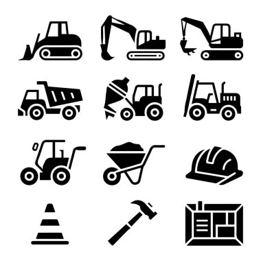 Siyah inşaat araçları ve kazıcılar, kamyonlar ve araçlar da dahil olmak üzere ekipman simgelerinden oluşan bir ızgara vektör sanatı
