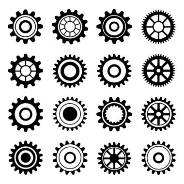 Beyaz arka planda izole edilmiş çeşitli dişli ve dişlileri temsil eden on altı siyah siluet simgesi koleksiyonu.