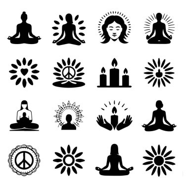 Yoga poziyonlarını, meditasyonu, barış sembollerini, güneş motiflerini ve mumları temsil eden 16 siyah siluet simgesinden oluşan bir koleksiyon.