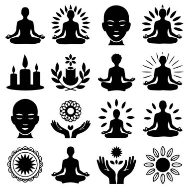 Yogayı, meditasyonu ve manevi refahı temsil eden çeşitli siyah ve beyaz simgelerden oluşan bir vektör sanatı