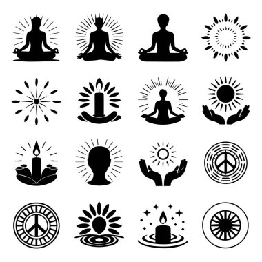 Yoga, meditasyon, barış sembolleri, güneş motifleri ve mumların yer aldığı on altı siyah siluet ikonundan oluşan bir koleksiyon.