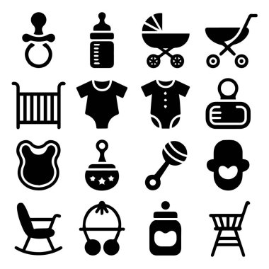 Bebek eşyaları, bebek mobilyaları ve bebek aksesuarlarının yer aldığı çeşitli siyah beyaz simgelerin vektör sanatı