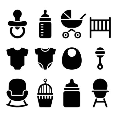 Siyah ve beyaz simgelerden oluşan bir vektör sanatı. Bebek eşyaları ve temel bebek malzemelerini temsil ediyor.