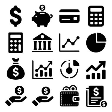 Dolar işaretleri, kumbaralar, grafikler ve kredi kartları da dahil olmak üzere para ve para ikonları koleksiyonunun vektör sanatı
