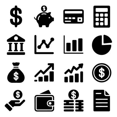 Para ve iş dünyasının çeşitli yönlerini temsil eden finansal simgelerin bir koleksiyonunun vektör sanatı