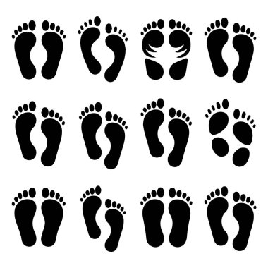 Çeşitli adımları ve yürüme şekillerini temsil eden ayak izi simgelerinden oluşan bir koleksiyonun vektör sanatı