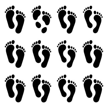 Farklı yürüme yönleri ve düzenlemeleri tasvir eden çeşitli ayak izi simgelerinin vektör sanatı