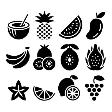 Canlı bir tropikal meyve koleksiyonu ve ferahlatıcı içeceklerin vektör sanatı, çeşitli doğal iyilik çeşitlerini sergiliyor.