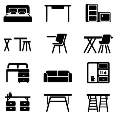 Yataklar, masalar, sandalyeler ve depolama birimleri de dahil olmak üzere çeşitli mobilya parçalarını gösteren 12 adet siyah beyaz simge kümesinin vektör sanatı