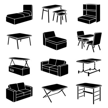 12 siyah ve beyaz ikondan oluşan geniş kapsamlı bir koleksiyon vektör sanatı. Bir evde farklı odalar için çeşitli temel mobilyalar içeriyor.