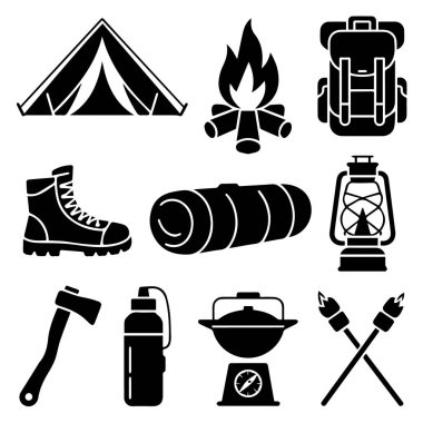 Kamp ve açık hava aktiviteleri için çeşitli öğeleri gösteren siyah siluet simgelerinin vektör sanatı