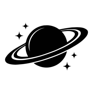 Beyaz arka planda izole edilmiş halkalar ve yıldızlarla dolu Satürn gezegeninin siyah silüetinin taşıyıcı sanatı