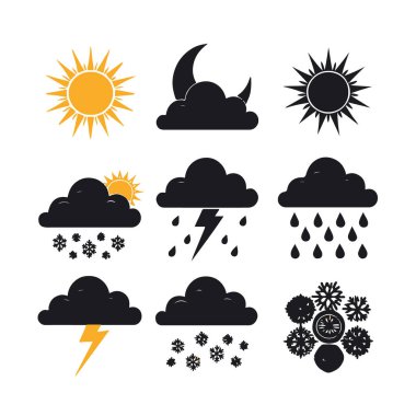 Beyaz zemin üzerinde güneş, ay, bulutlar, yağmur, kar ve şimşek içeren hava simgelerinin vektör sanatı