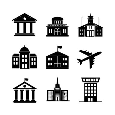 Beyaz arka planda izole edilmiş, hükümet, iş ve havaalanı yapıları da dahil olmak üzere çeşitli yapı simgelerinin toplanma vektör sanatı