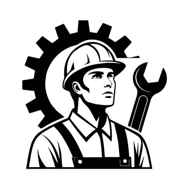 Siyah-beyaz bir erkek işçinin sert bir şapka takıp, arka planda vites, endüstriyi ve kalifiye işçiliği temsil eden, beyaz arka planda izole edilmiş bir ingiliz anahtarı tutmasının vektör sanatı.