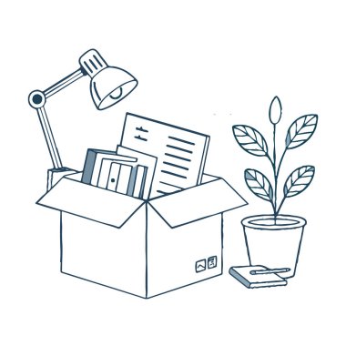 Kitaplar, kağıtlar ve masa lambası gibi ofis malzemeleriyle dolu bir taşıyıcı sanatı, bir saksı bitkisinin yanında, değişimi sembolize eder.