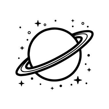 Beyaz bir arka planda izole edilmiş, Satürn gezegeninin yüzüklerle ve yıldızlarla süslenmiş tasviri.