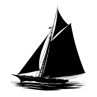 Suda tam yelkenli yelkenli, beyaz bir arka planda izole edilmiş bir yelkenlinin silüet sanatı.