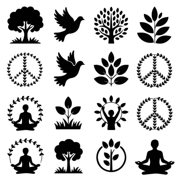 Yoga yoluyla barışı, doğayı ve ruhsal aydınlanmayı sembolize eden siyah beyaz simgelerin vektör sanatı