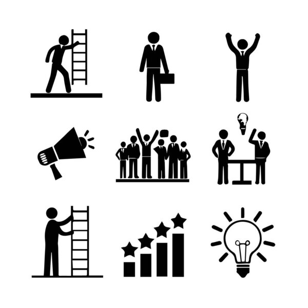 Vector art of collection of business icons depicting teamwork, success, career growth, idea generation, and achievement, isolated on white background