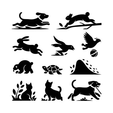 Beyaz arka planda izole edilmiş, çeşitli pozlar ve ortamlarda siyah hayvan siluetleri seti.