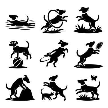 Köpek aktivitesi siluetleri koleksiyonu, koşmak, zıplamak, topla oynamak, frizbi oynamak, çemberle oynamak ve beyaz arka planda izole edilmiş kedi ve kelebek ile etkileşim kurmak gibi.