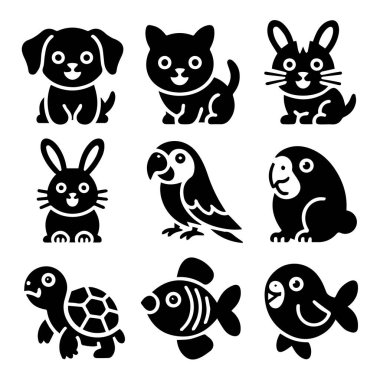 Köpek, kedi, tavşan, papağan, kaplumbağa ve balık gibi, beyaz arka planda izole edilmiş, basit ve temiz tasarımları olan şirin hayvan simgelerinin oluşturduğu vektör sanat