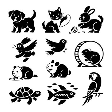 Köpek, kedi, tavşan, kuş, hamster, kaplumbağa ve balık gibi beyaz arka planda izole edilmiş şirin hayvan siluetleri koleksiyonu.