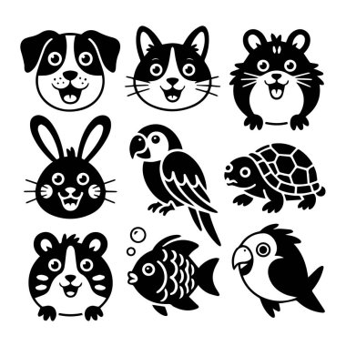 Köpek, kedi, tavşan, hamster, kuş, papağan, kaplumbağa ve balık gibi beyaz arka planda izole edilmiş hayvan yüzleri ve tüm vücut çizimlerinin vektör sanatı